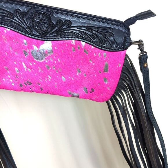 American Darling Fuchsia &Silver Cow Hide/Black Tooled Leather Fringe Crossbody - Picture 6 of 15